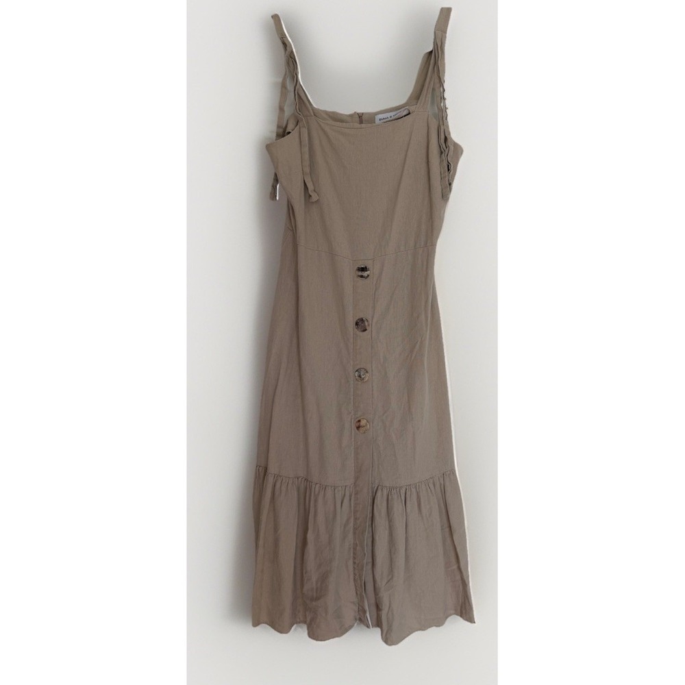 Emma‎ & Michele Linen Blend Midi Dress L Tan Tie Strap Ruffle Hem Faux Button